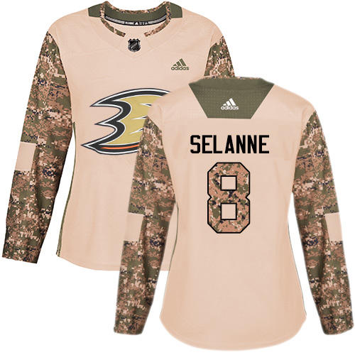 Adidas Ducks #8 Teemu Selanne Camo Authentic Veterans Day Women's Stitched NHL Jersey - Click Image to Close